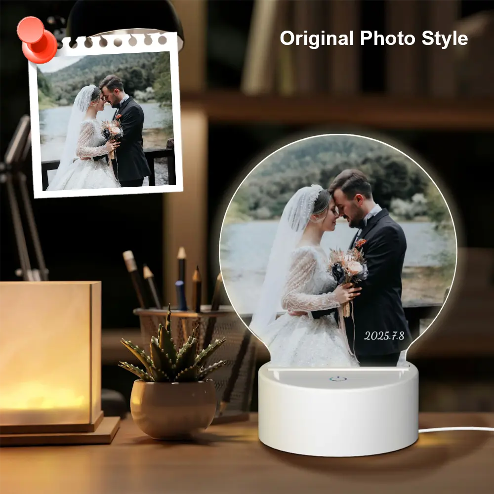 Round custom photo night lamp displaying your original picture and short text, creating a warm glow for cozy bedside ambiance
