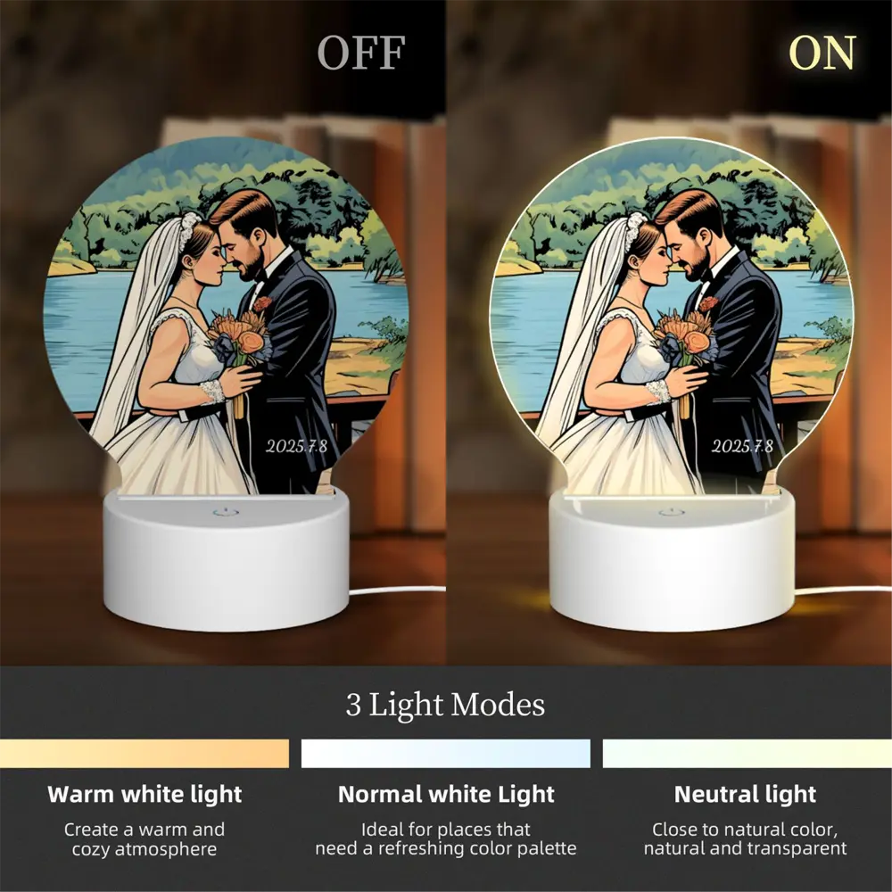 Round LED night lamp showing three lighting options—white, warm, and warm white—for adjustable mood lighting