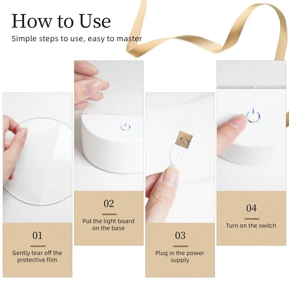 User guide for round custom photo night lamp, including USB connection, film removal, and touch operation steps