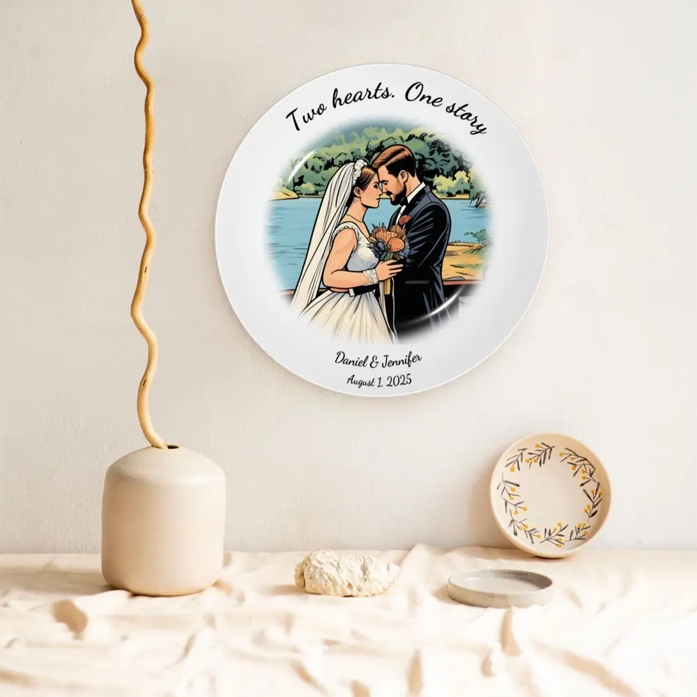 Personalized bone china decorative plate with original or comic-style photo, mounted on wall with included hook and accessories, stylish home decor.